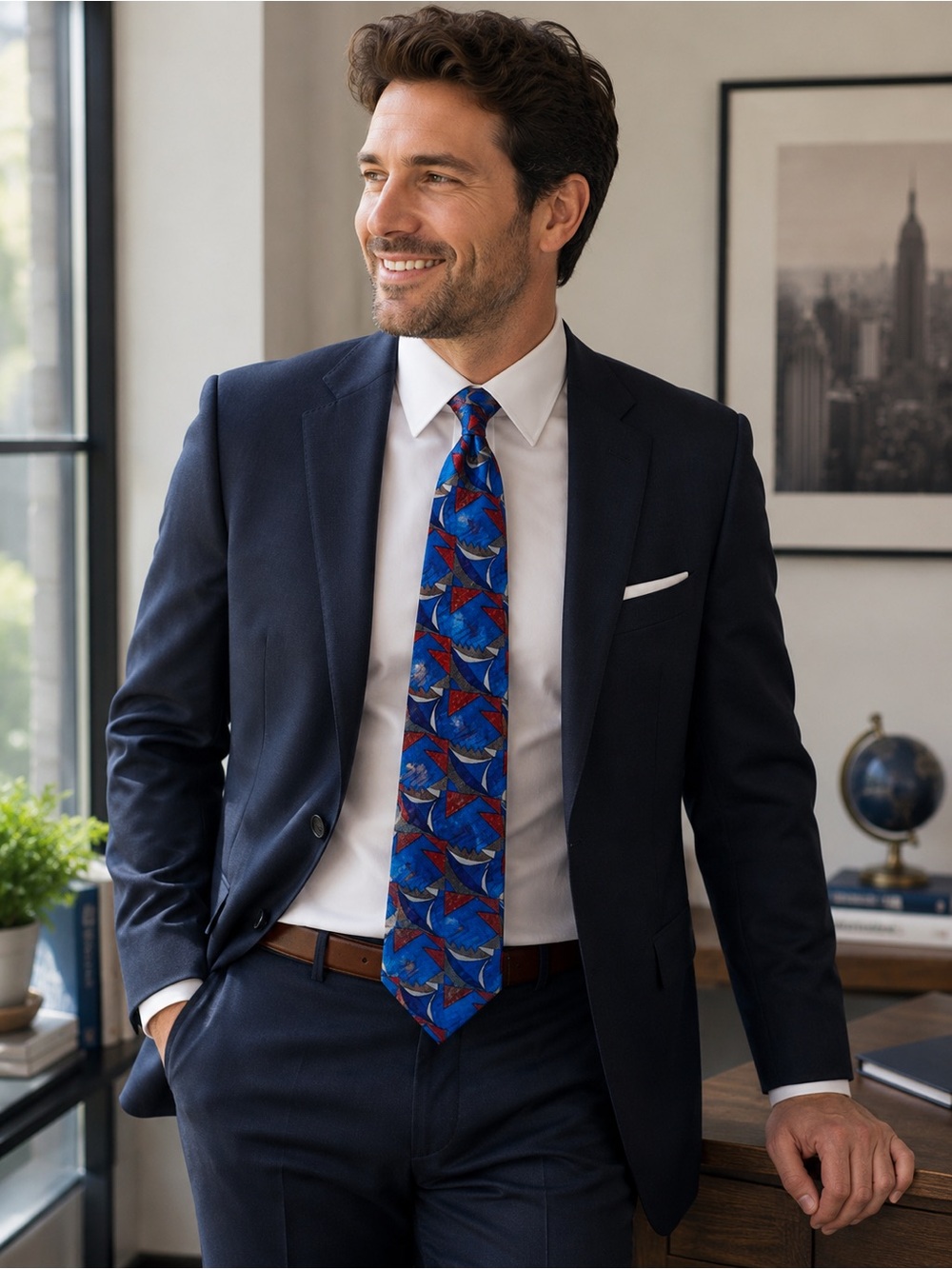Brittany Bay Blue Abstract Geometric Polyester Tie Men’s Necktie USA Made